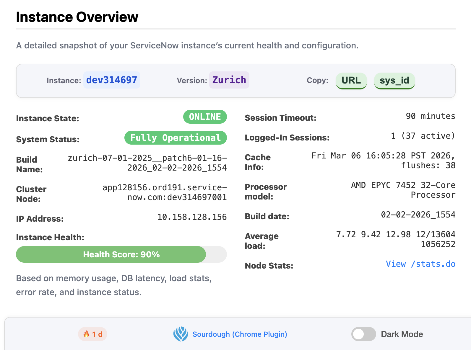 Sourdough Chrome extension running inside a live ServiceNow instance