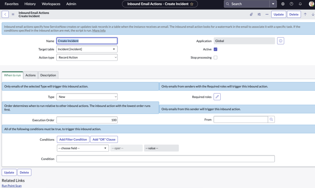 inbound email action for incident